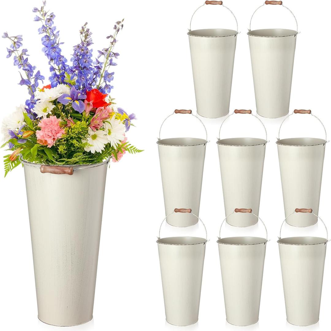 Mumufy 8 Pcs 13.8 Inch Wedding Galvanized Metal Vases for Flowers Buckets for Flowers Galvanized Metal Tin Bucket with Handle for Wedding Table Rustic Vintage Home Decor Farmhouse Flower Vases(White)