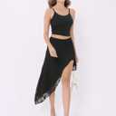 Women's Lace Asymmetrical Layered Hem Midi Skirt Sexy Elastic High Waisted Flowy Beach Long Skirts (Black, S)