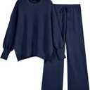 LILLUSORY Women 2 Piece Outfits Sweatsuit Oversized Knit Pullover Sweater Tops Wide Leg Pants Lounge Set (Medium, Navy Blue)