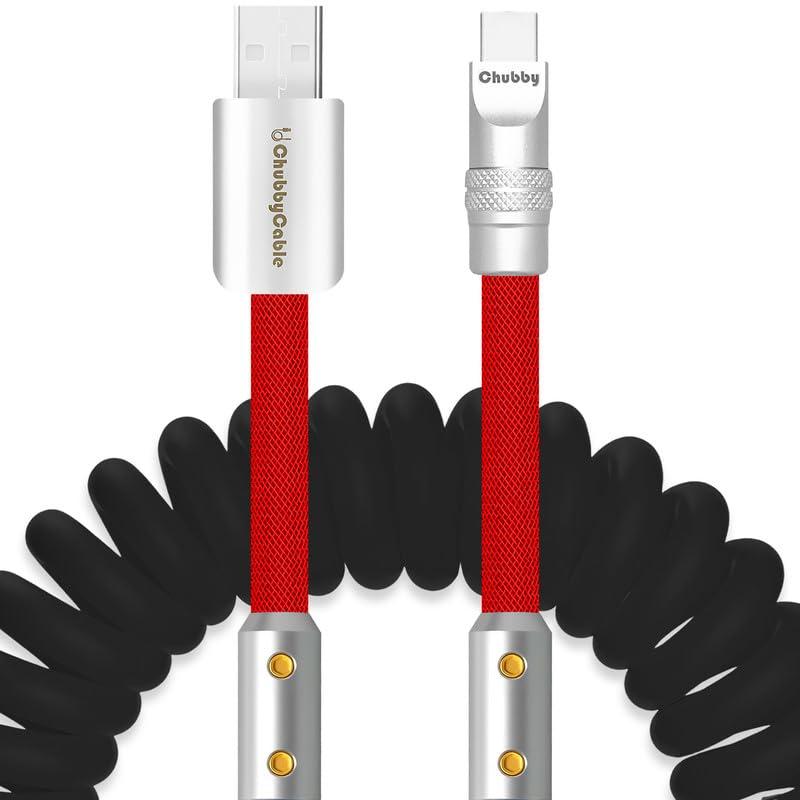 chubbycable Colorblock Chubby - Spring Braided Silicone Charge Cable Coiled USB C Cable Fast Charging Type C Charger Cord for Car, Black+Red, USB-A to Type-C, 2.29FT-3.6FT