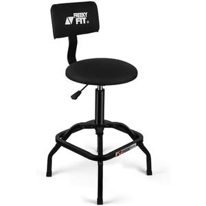FreekyFit Shop Stool with Backrest, Mechanic Garage Stool for Workshop, Adjustable Stool Chair, Padded Workbench Stool for Men Women, 300 LBS Capacity, 360° Swivel PVC Seat, Heavy Duty, Black