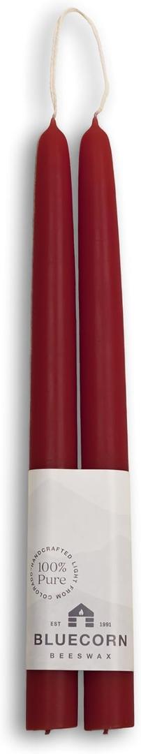 Bluecorn Beeswax Taper Candles, 100% Pure Natural Bees Wax, 10 Inch Pair, Burgundy Candlesticks, Unscented, Clean Burning & Dripless, Long Lasting, Thanksgiving & Christmas Decor, American Made, 1 Ct
