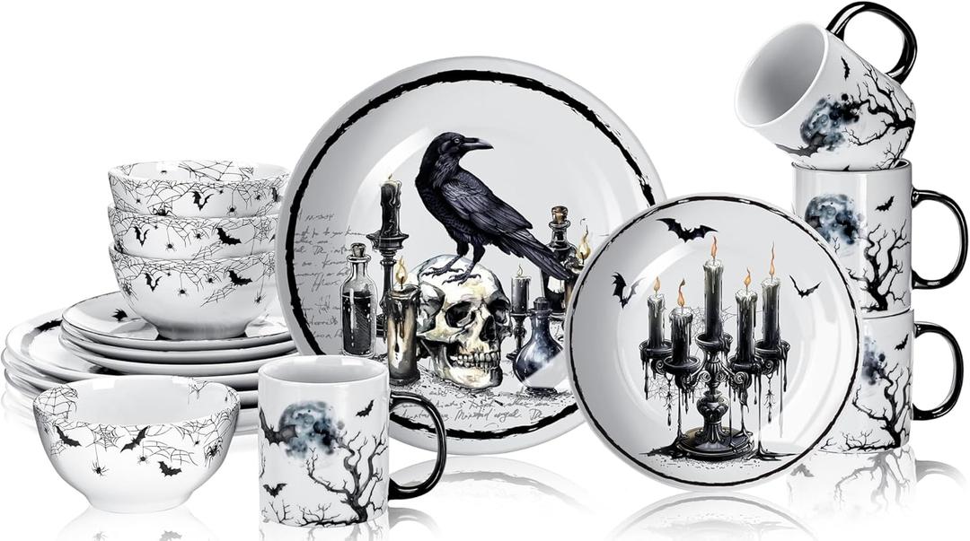 Pickmesh 16 Pcs Halloween Gothic Ceramic Dinnerware Serve for 4 Guest Holiday Dinner Festive Collection Gifts Spooky Kitchen Decoration Holly Ivy Dessert Plate Bowl Mug for Holiday Party