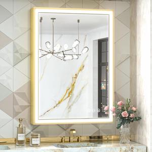 TokeShimi 24 x 32 Inch LED Gold Bathroom Vanity Mirror with Lights with 45 Angled Beveled Light, 3 Colors, Anti-Fog,Aluminum Alloy Matte Frame, Memory Funtion Stepless Dimmable for Modern Decor