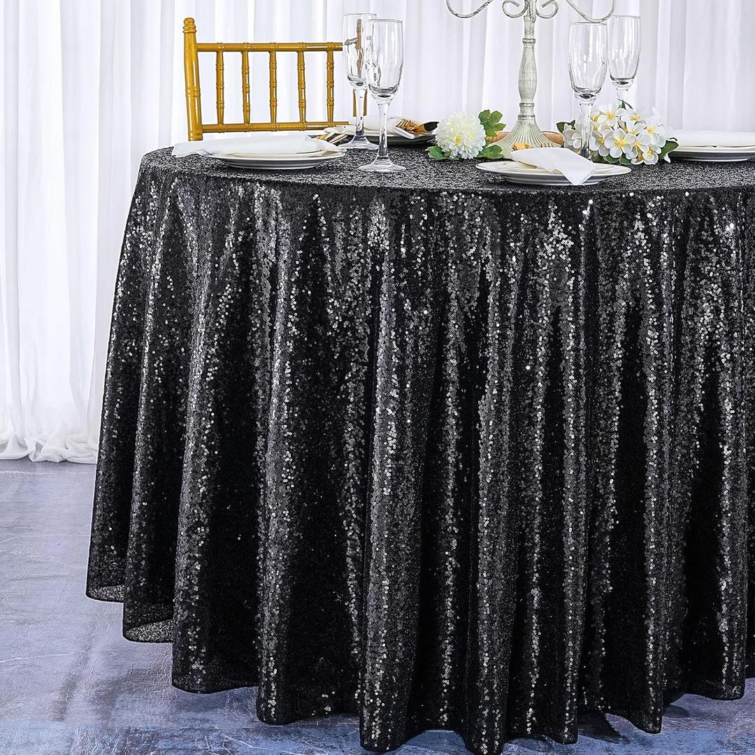 QueenDream Round Tablelcoth Black Party Decorations: 90 Inch Table Cloth Sequin Fabric Overlay for Indoor and Outdoor Dining Parties