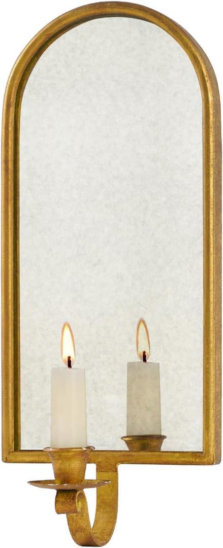 NIKKY HOME Mirrored Wall Candle Holder - Gold Antique Wall Sconces for Taper Candle - Elegant Metal Hanging Candlestick Wall Decor for Living Room, Bathroom, Dining Room and Office