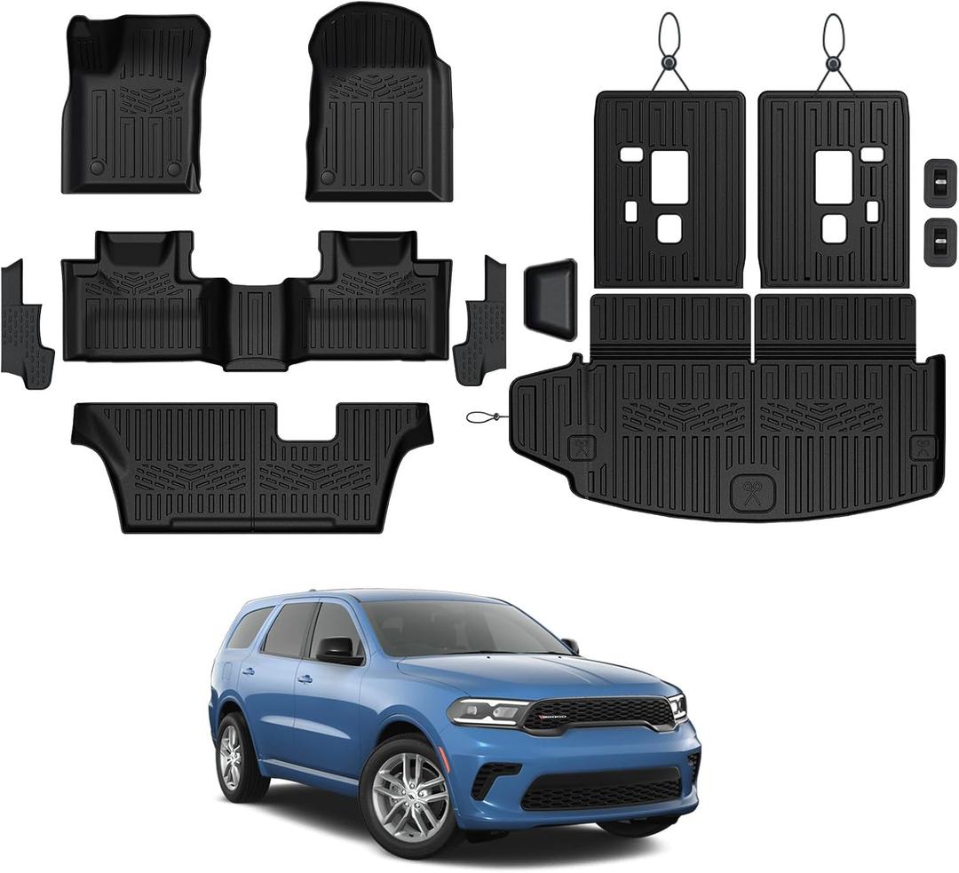 Floor Mats Set for 2016-2026 Dodge Durango (Only for 7 Seats with Bench Seats), All Weather TPE Backrest Mat Trunk Mat Cargo Liner Door Sill Guards Accessories (7 Seats Floor Mats Set)