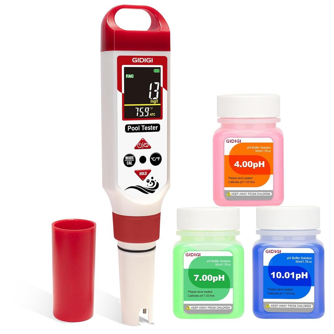 pH Chlorine Meter Digital 7 in 1, Pool ORP Salinity Meter Test pH CL Salt ORP EC TDS Temp, for Pools Aquariums Hydroponics Drinking Water Hot Tubs, Water Test Kit, with Calibration Solution