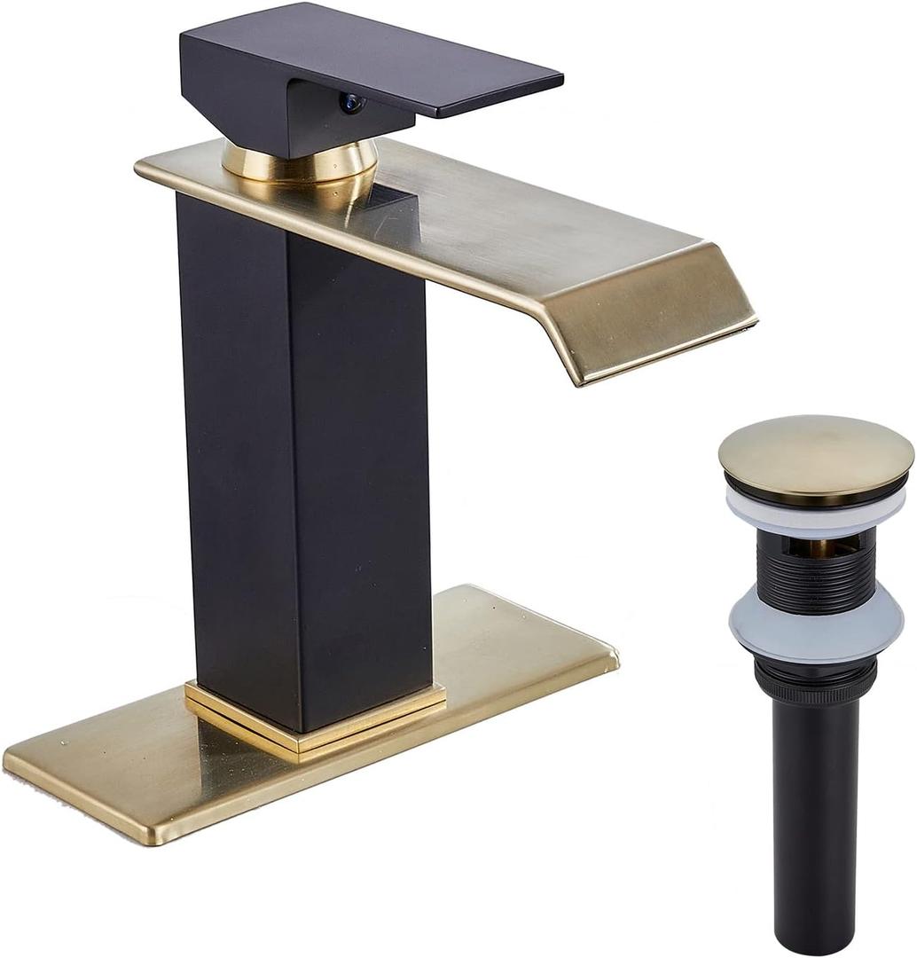 Bathroom Faucet Brushed Golden Waterfall Spout Black Body Single Handle Brass Pop Up Drain Stopper with Overflow Include for 1-3 Holes Basin Sink Deck Mounted Lavatory Vanity