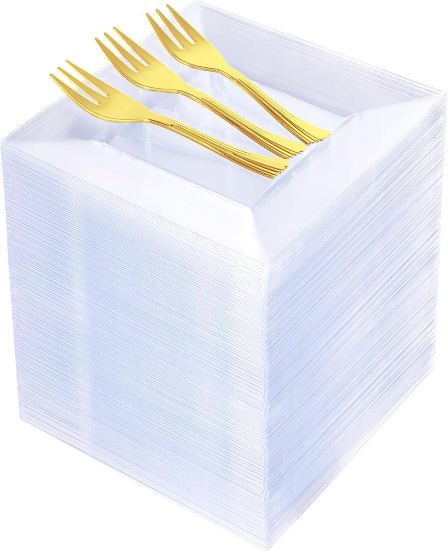 200Pcs Clear Dessert Plates with Gold Forks (100 Sets) - 6" Square Plastic Appetizer Plates Disposable - Heavy Duty Crystal Clear Cake Plates for Charcuterie, Wedding, Cocktail Party & Events
