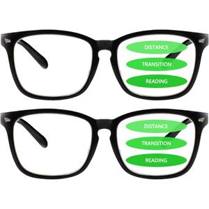 2-Pack Progressive Multifocal Anti Blue Light Reading Glasses for Women and Men Fashion Eyeglasses Frame (2 Black, 0.00)