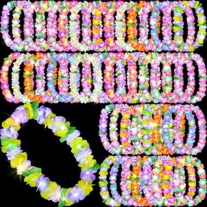 Sherr 48 Pcs LED Hawaiian Leis Luau Party Decorations Light Up Leis Bulk with Green Leaves Tropical Flower Necklaces for Wedding Beach Carnival Summer Birthday Supplies Party Favors