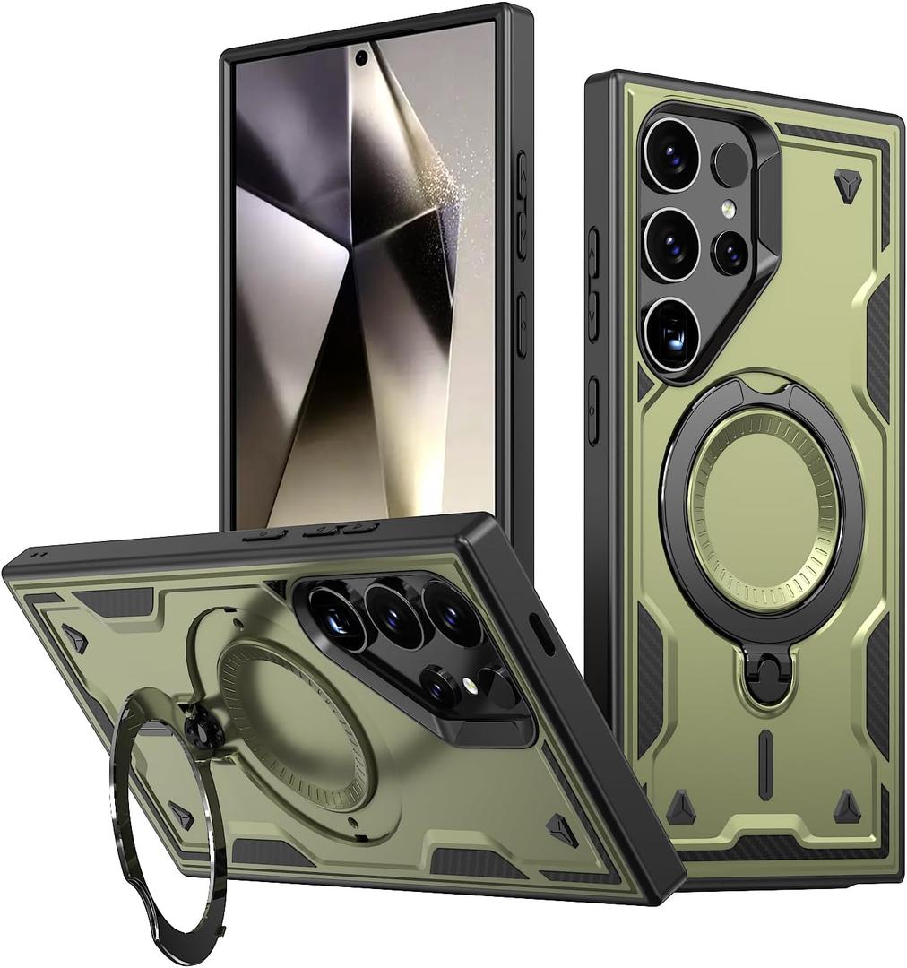 360Rotatable Magnetic Ring for Samsung Galaxy S24 Ultra Case [Compatible with MagSafe] Build in Invisible Stand [Drop Protection] Shockproof Military-Grade Protection Anti-Fingerprint, Green