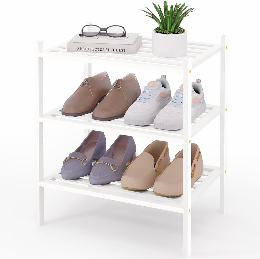 Smiry Small Bamboo Shoe Rack 3-Tier, Stackable Wooden Shoe Organizer for Entryway & Closet, Free Standing Wood Shoe Storage Shelf for Front Door & Small Spaces, White