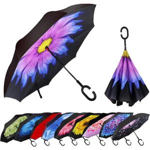 MRTLLOA 49 Inch Oversize Windproof Inverted Reverse Upside Down Umbrella, Golf Size Rain Umbrella, Double Layer, C-Shaped Handle for Men, Women and Kids (N-Glaze Flower)