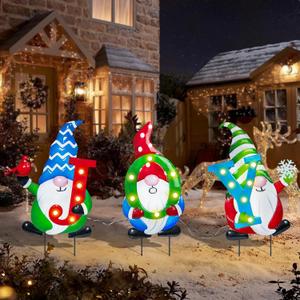 Afirst Christmas Yard Stakes Metal Christmas Outdoor Yard Decoration Gnomes Holding Joy Lighted Metal Stakes Outdoor Xmas Stake Lawn Pathway Garden Decoration