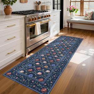 GarveeHome Runner Rug for Hallways Navy Blue 2x6 Kitchen Rug, Non Slip Washable Vintage Floral Runners Soft Low Pile Botanical Print Stain Resistance Long Carpet for Entryway Bedroom