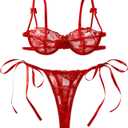 Lilosy Sexy Tie Side Cute Underwire Push Up Strappy Embroidered Mesh Sheer Lingerie Set (Small, Bow Pattern Red)