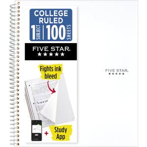 Five Star Spiral Notebook + Study App, 1 Subject, College Ruled Paper, 8-1/2" x 11", 100 Sheets, Fights Ink Bleed, Water Resistant Cover, White (72456)