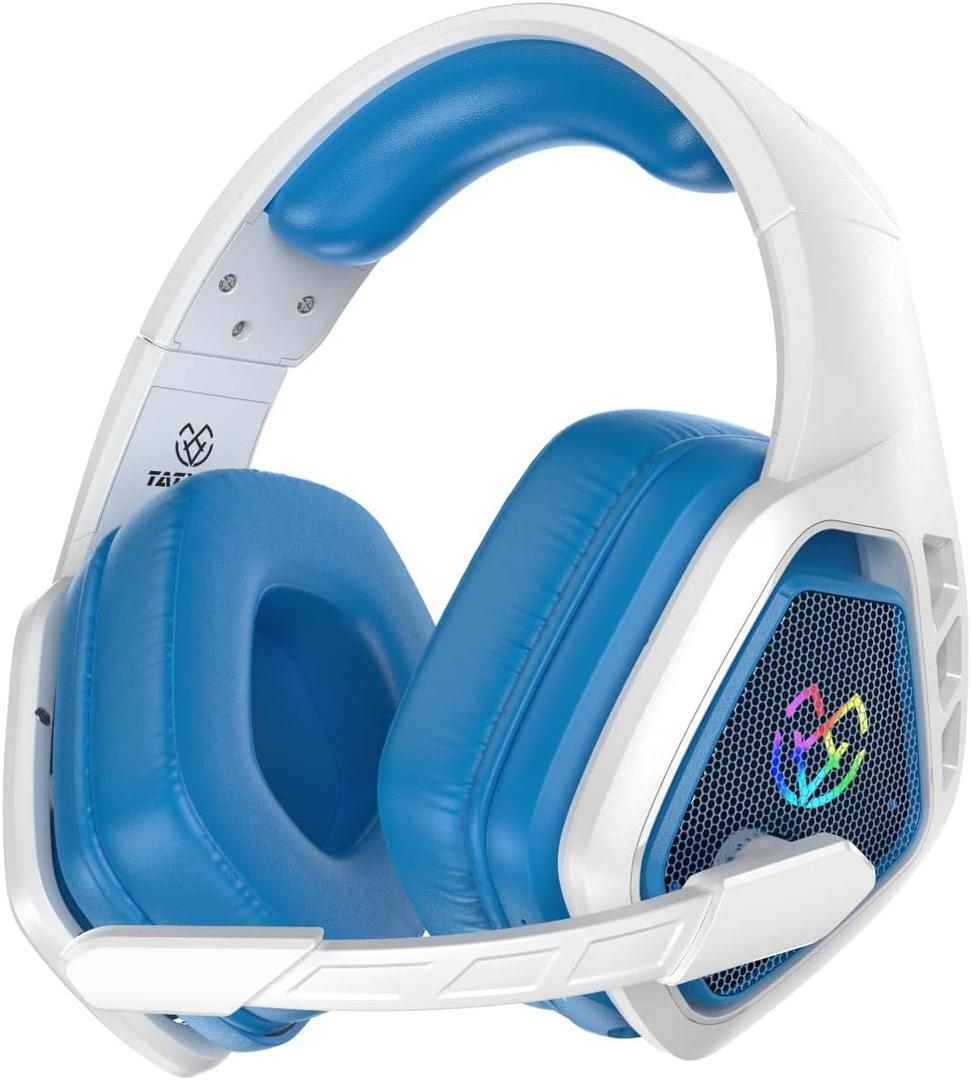 Tatybo Wireless Gaming Headset for PC, Ps5, Ps4, 2.4 Ghz USB & Type-C Gaming Headphones with Microphone, 30H Battery Bluetooth Headphones for Switch, Laptop, Mobile, Mac (Blue White)