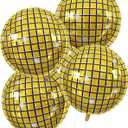 Disco Ball Balloons 4PC,Foil Disco Balloons 22 Inch 4D Round Metallic Gold Balloon for 70s 80s Birthday Bachelorette Graduation Gold Decorations