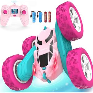 cosone Pink Remote Control Car for Girls - RC Stunt Cars with 4WD Double-Sided Driving 360 Flips Rotating, Off Road Remote Car Outdoor Toys for Kids Age 6 7 8-12, Christmas Birthday Gifts