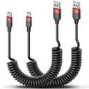 2 Pack USB C Coiled Cable, Fast Charging USB to USB C Cord for iPhone 16/16 Pro Max, Samsung Galaxy S24, Moto G8, Google Pixel, Retractable for Car