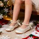 Girls Flower Girl Shoes, Mary Jane Ballet Flats with Pearl Ankle Strap, Princess Dress Shoes for Wedding Party School (Beige), 3 Big Kid