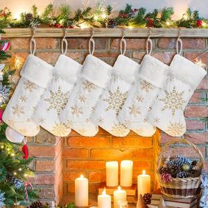 Seematn 6 Pcs Christmas Stockings with 6 Pcs Stocking Holders Set 20 Inch White Faux Fur Xmas Stockings Embroidered Snowflake Xmas Stocking Large Family Holiday Fireplace Hanging Decor(Gold,Stylish) Pink 