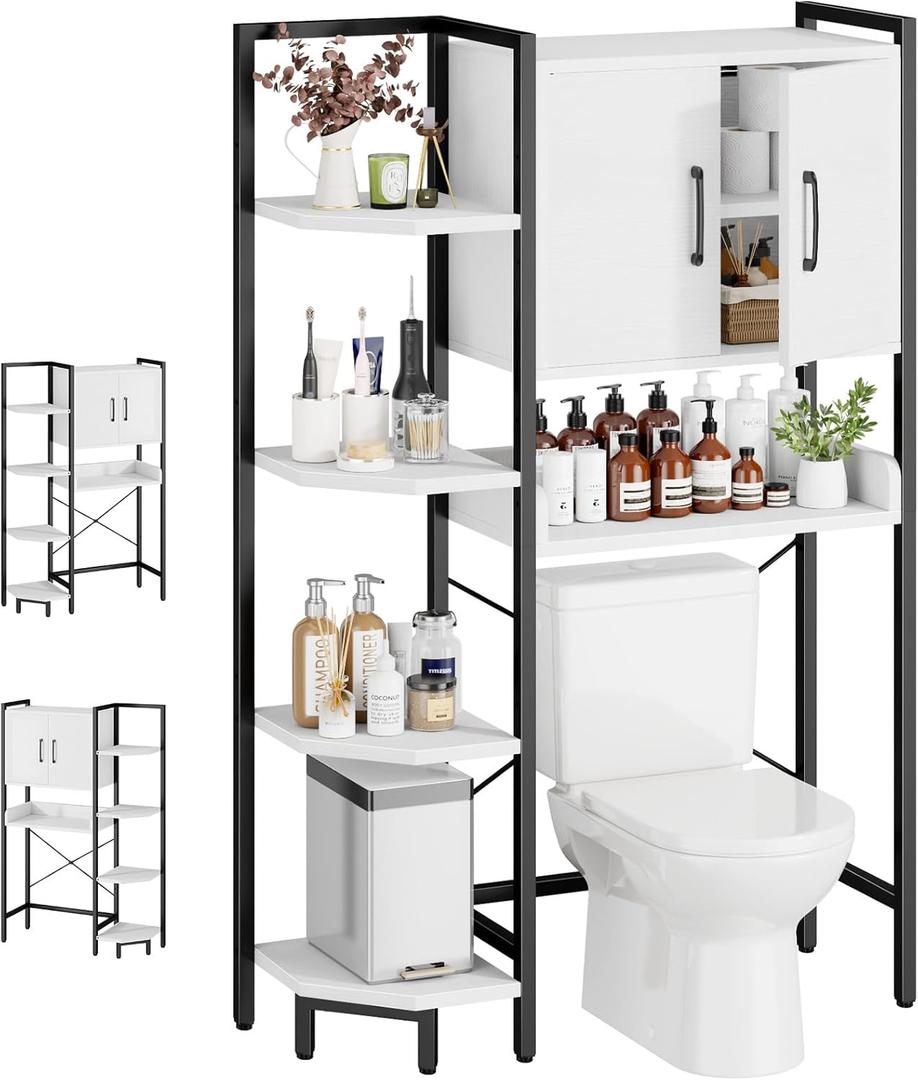 K2 Heavy Duty 7-Tier Over The Toilet Storage CabinetWith Magnetic Doors & Adjustable FeetFreestanding Above Toilet ShelfSpace Saver Bathroom Organizer 9.3"D x 31.5"W x 67.2"HBeige White