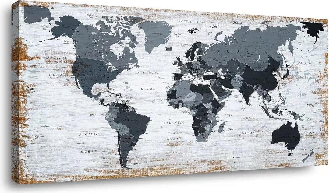 World Map Canvas Wall Art Decor Black Wall Decor Office World Map Wall Art World Pictures for Living Room Wall Decoration Map Picture Framed Artwork Decor for Home Bedroom Decoration 30"x60"