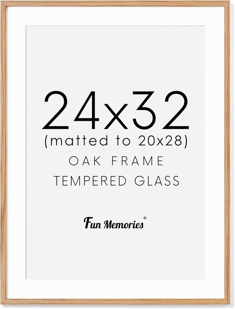 24x32 Picture Frame for Wall, Solid Oak Wood Frames with Tempered Real Glass, Large 24 x 32 Poster Frame with Mat for 20 x 28, Rustic Wood 24 by 32 Frames for Home Decor, Natural Oak Color