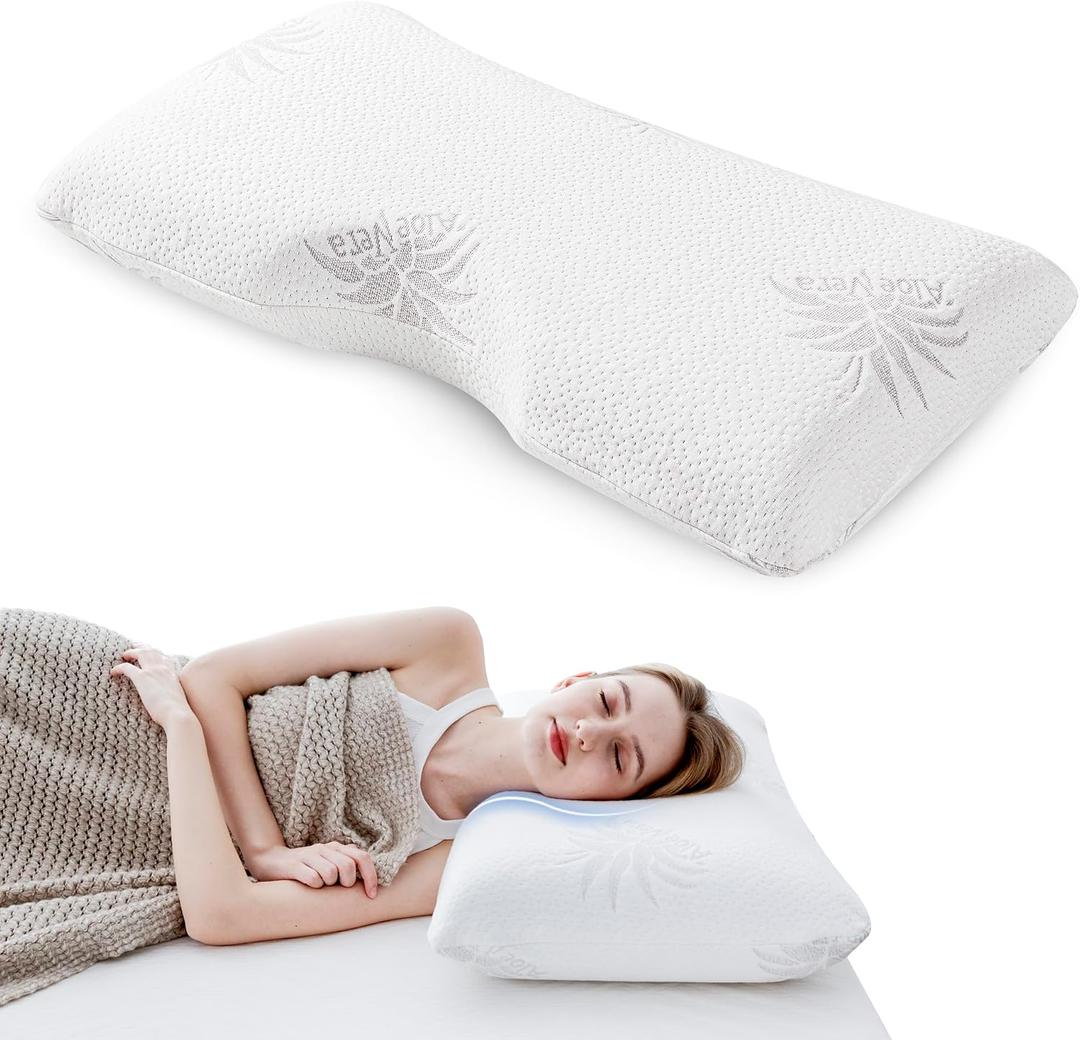 MLILY EGOHOME Cervical Neck Pillow, Aloe Vera Infused Memory Foam, Side Sleeper Pillow for Neck Pain, Skin Friendly, Medium Firm, 30x16 Inches, Queen