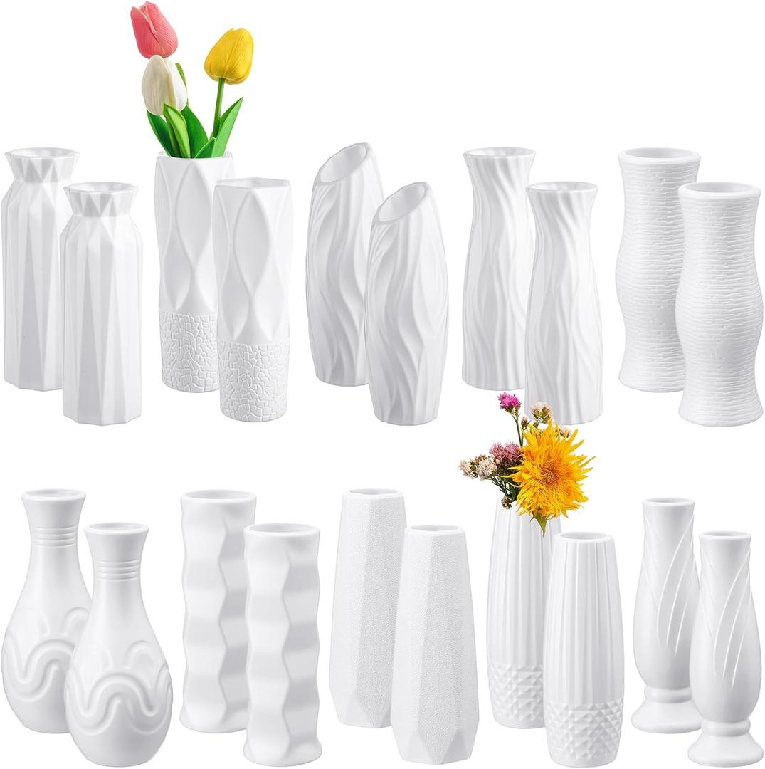 Thyle 20 Pcs Plastic Vase for Flowers White Bud Plastic Vase Ceramic Look Plastic Vases for Centerpieces Unbreakable Flower Vases Centerpieces for Home Office Table Living Room Decor