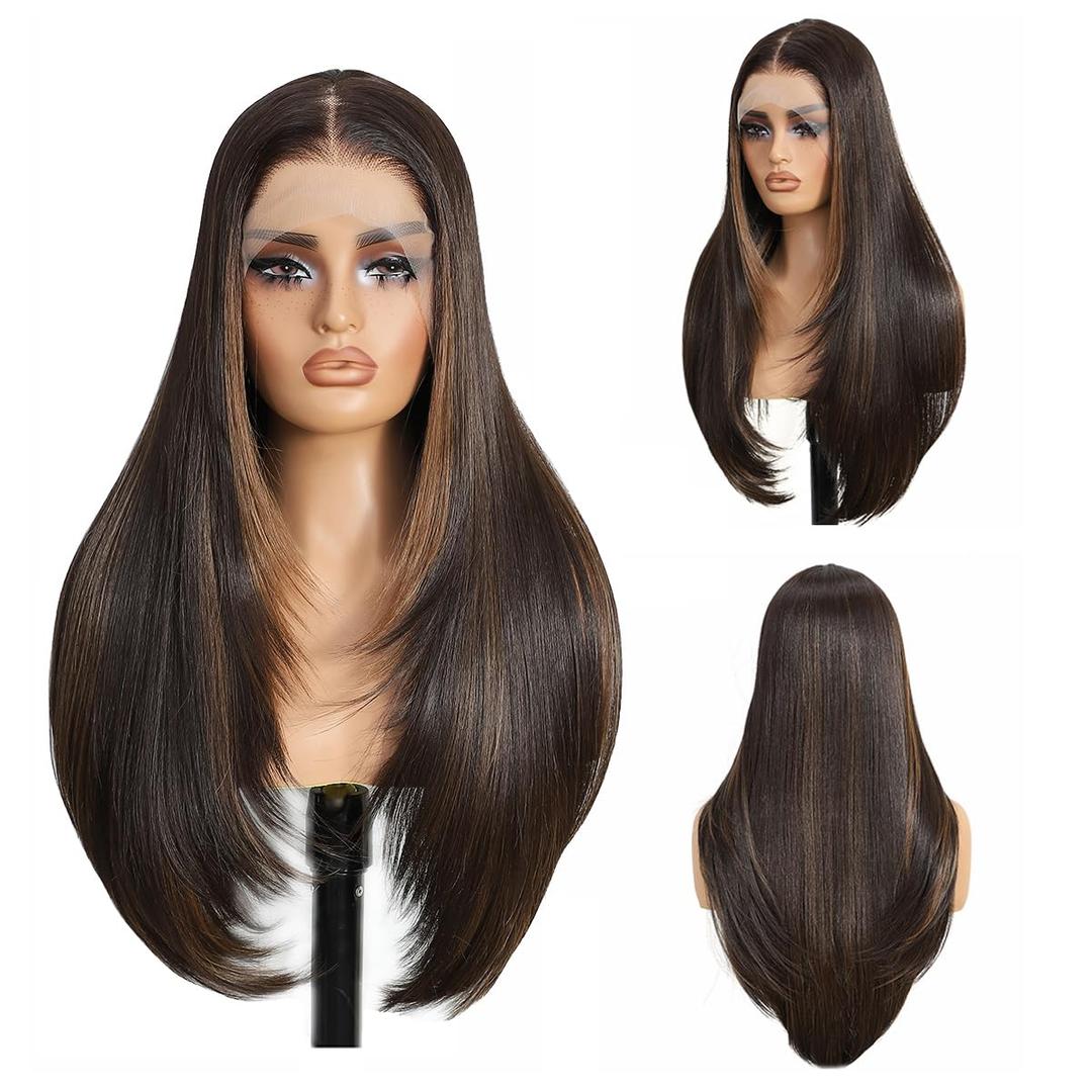 13x6 Synthetic Lace Front Wigs For Black Women Highlight Brown Mix Black Wigs 26 Inch Long Layered Straight Wigs For Women 100% Futura Premium Wigs With Bangs Beginner Friendly Daily Party Use