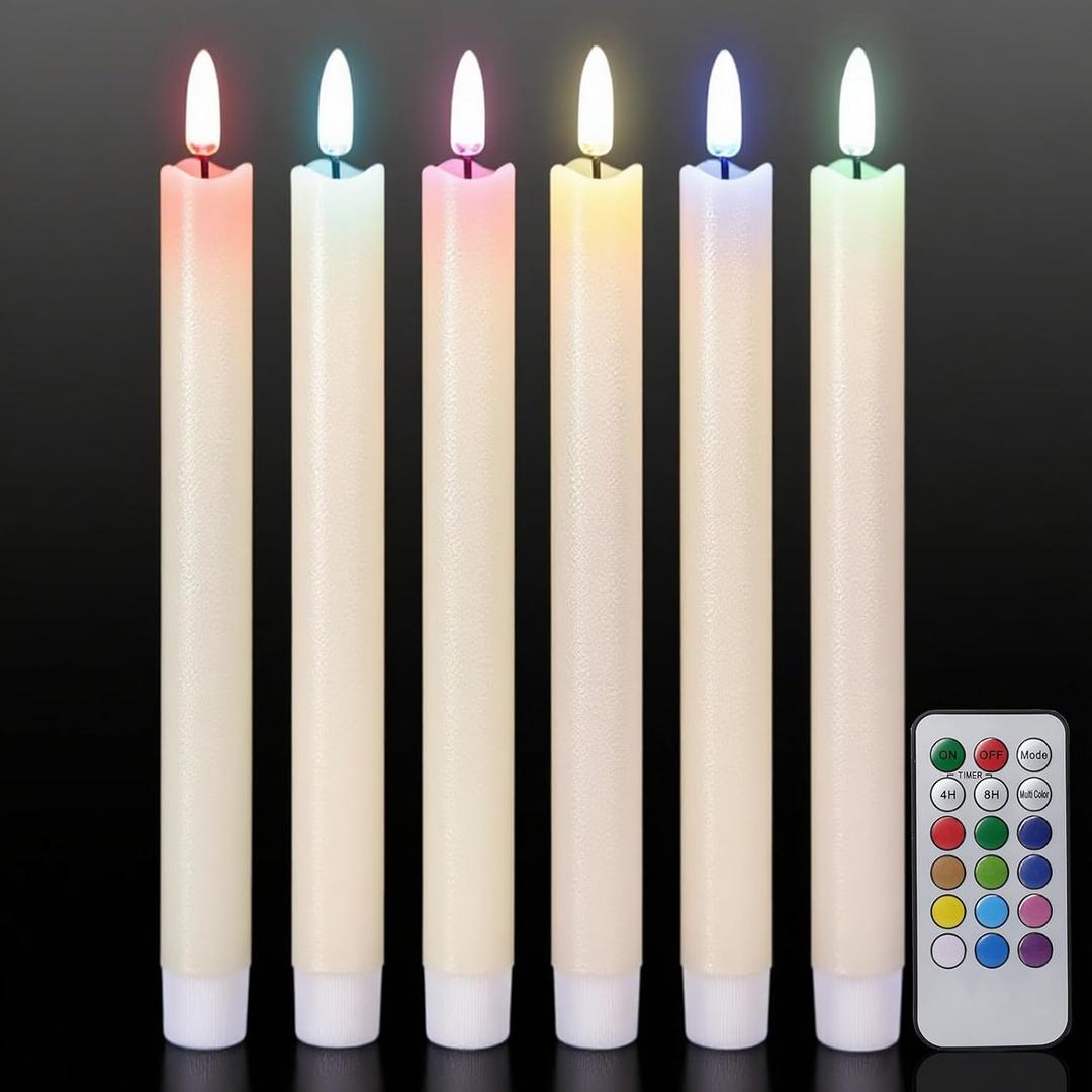 GenSwin Flameless Taper Candles with Remote, Real Wax and Color Changing Wick LED Taper Candles Battery Operated, 6 Pcs Flameless Candlesticks for Halloween Christmas Decor(Ivory, 0.78x9.6)