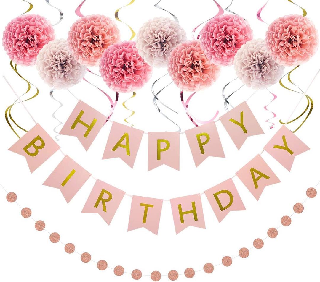Rose Gold Birthday Decorations Kit - 20-Pc Set with Pre-Strung Happy Birthday Banner, Tissue Paper, Garland & Swirls | Rose Gold Party Supplies for Women Girls Baby Shower