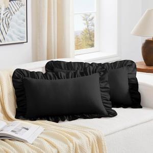 KKJIAF Black Lumbar Pillow Covers 12x20 Inch Set of 2, Microfiber Ruffled Pillow Shams, Ruffle Sham Pillow Covers Lumbar Pillow Case for Couch Bed Livingroom