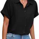 Poplab Womens Button Down Shirt Casual Short Sleeve Collared Work Blouse with Pocket size L
