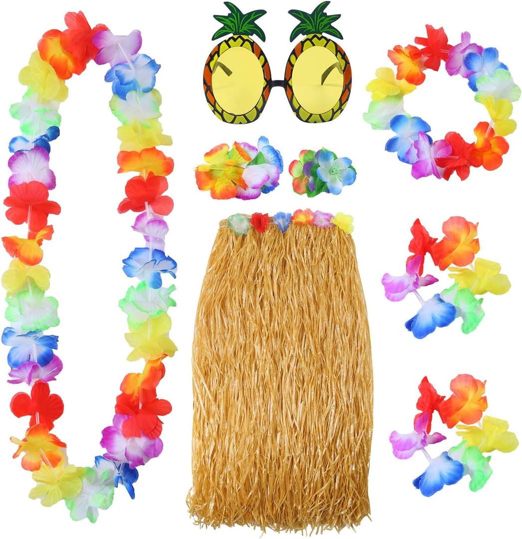 Elcoho 8 Pieces Grass Skirt Sunglasses Leis Necklace Bracelet Set Luau Decorations for Kids and Adults
