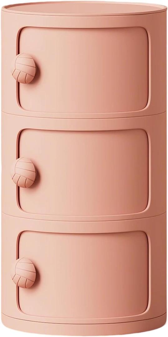 3 Tier Round Nightstand with Drawers, Plastic Pink Nightstand Modern Round Bedside Table with Handles and Sliding Door for Bedroom, Living Room, 12.59 x 12.59 x 22.44 inches