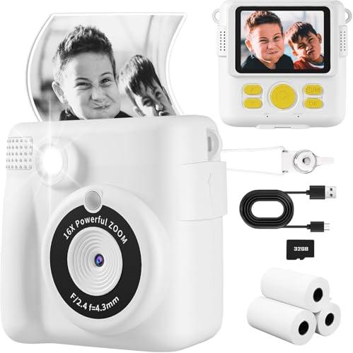 Kids Camera Instant Print, Safe Toddler Camera, HD Digital Cameras 16X Digital Zoom & 32G SD Card, 2.4‘’Screen Instant Print Cameras for Kids, 4 5 6 7 8 9 10 Year Old Girl & Boy Birthday Gifts, White