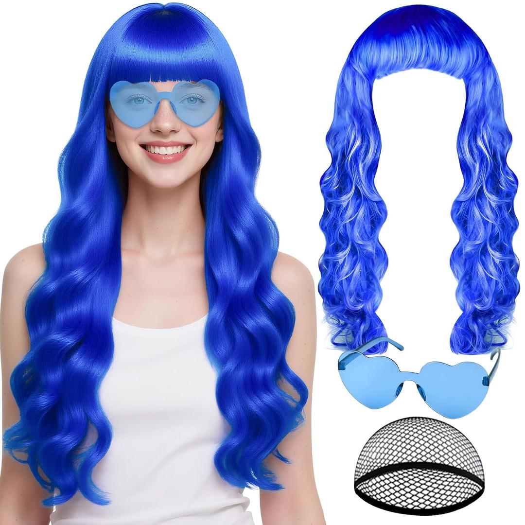 PLULON Blue Neon Wigs for Women with Heart Sunglasses, Colorful Long Curly Wigs Synthetic Colored Funny Cosplay Hairpieces for Daily Bachelorette Halloween Costume Party Decorations