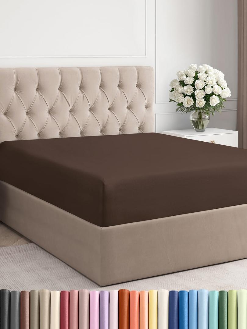 Full Fitted Bed Sheet - Bottom Single Fitted Sheet Only - Ultra-Soft Hotel Luxury Bedding w/ 8-16 Inch Deep Pockets - Breathable, Cooling & Wrinkle Free - Easy-Care, Fade & Shrink Resistant - Brown