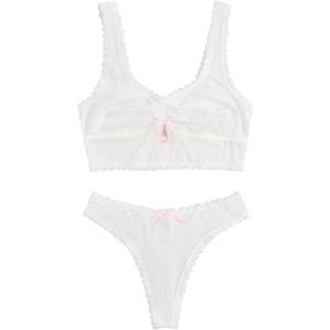 WDIRARA Women's Plus Size Lace Trim Ruched Underwire Lingerie Set Bralette and Panty Set (White, L)