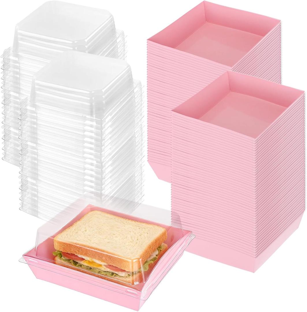 200 Pcs Charcuterie Boxes with Clear Lids 5 Inch Disposable Mini Square Charcuterie Boxes Paper Bakery Food Containers for Valentine's Day Family Party Sandwich Sushi Cookie Cake Fruits Slice (Pink)