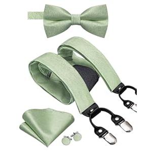 Hi-Tie Mens Suspenders Pre-Tied Bow Tie Set with Pocket Square Strong Adjustable 6 Clips Y Back Mens Trouser Braces