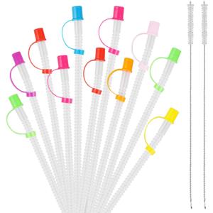 Multifunctional 24 Pack Bendable Straws and Covers. 11 Inch Long Flexible Straws. Reusable with Colored Caps and 2 Straw Cleaning Brushes