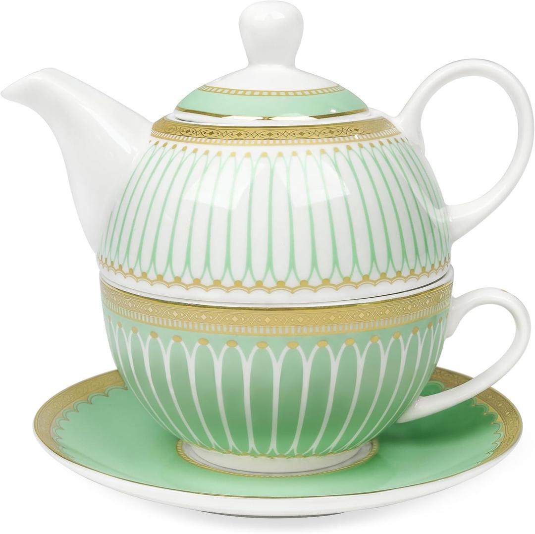fanquare Tea for One with Gold Trim, Green Teapot Set for Adults, Ceramic Coffee Cup with Saucer, Classic Stripes