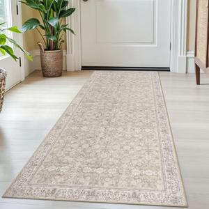 2x5 Washable Rug Cream Beige Yellow White Grey Small Area Rug for Entryway, Soft Non-Slip Indoor Door Mat Distressed Floral Low-Pile Kitchen Rugs, Neutral Vintage Carpet for Entrance Bedside